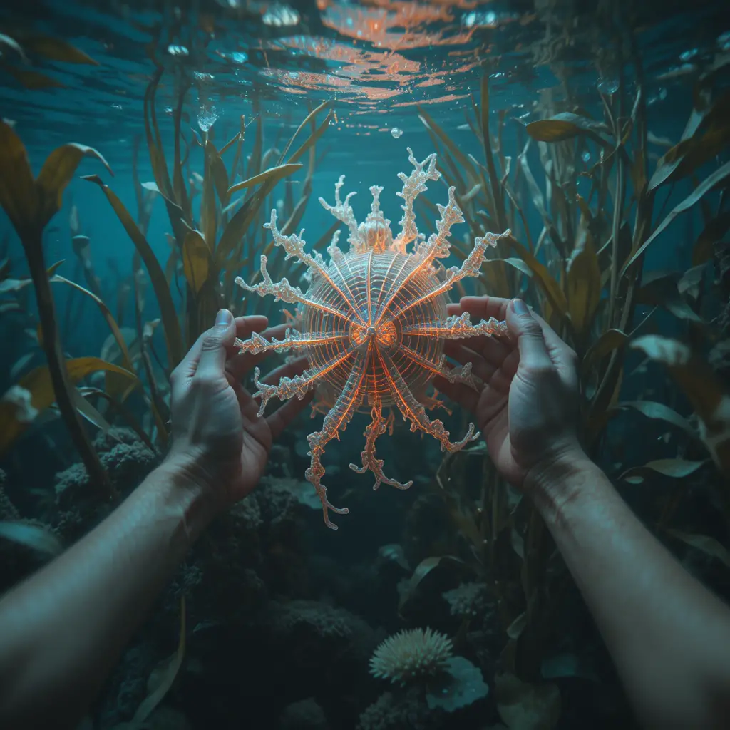 First person underwater view revealing a glowing sea creature