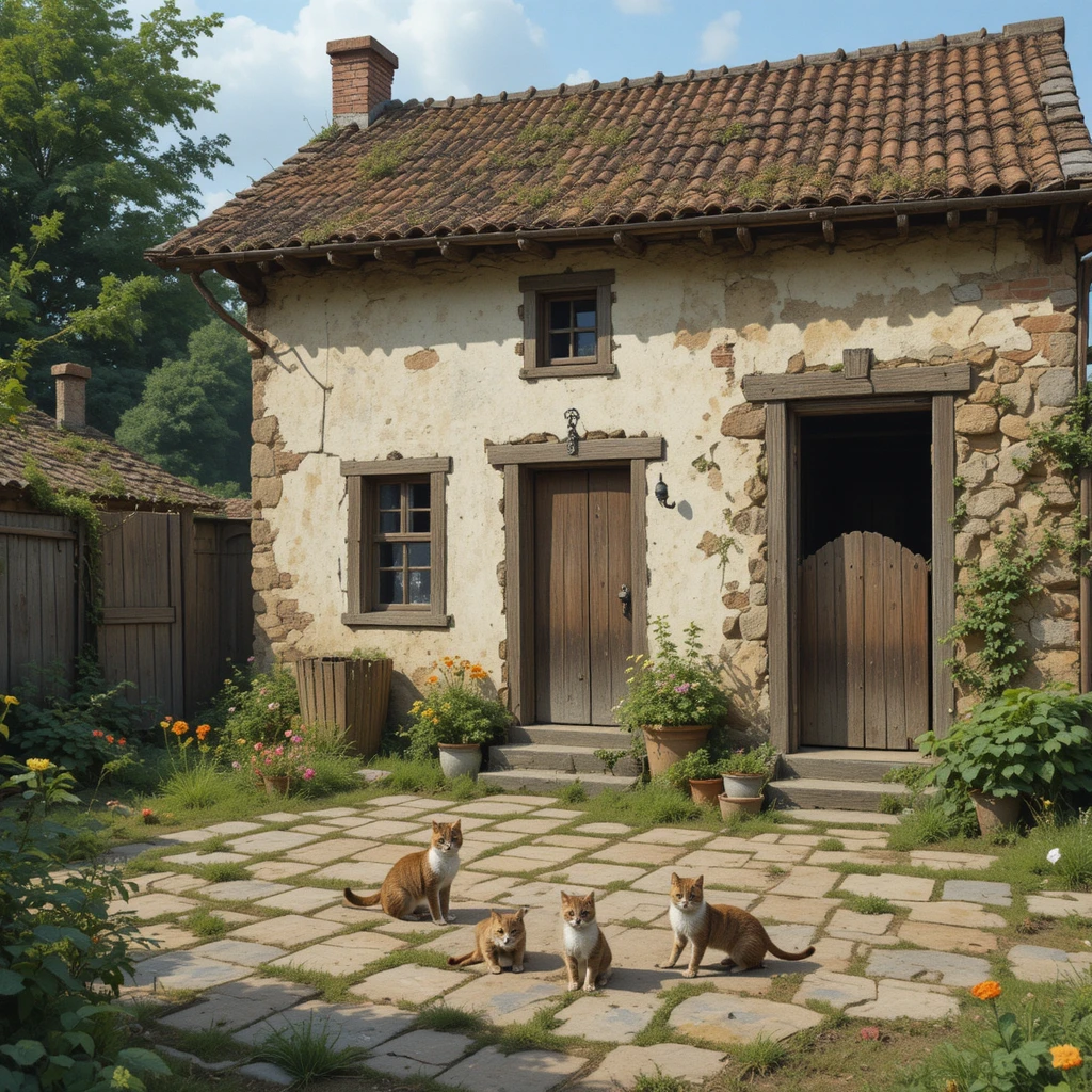 Hof eines alten Dorfhauses mit einer Katze und ihren Kätzchen