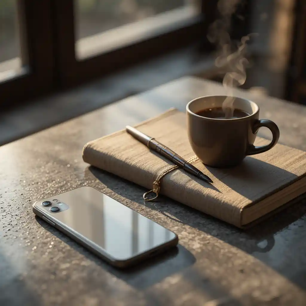 Minimalistisches Flatlay mit Smartphone, Notizbuch, Stift und Kaffee