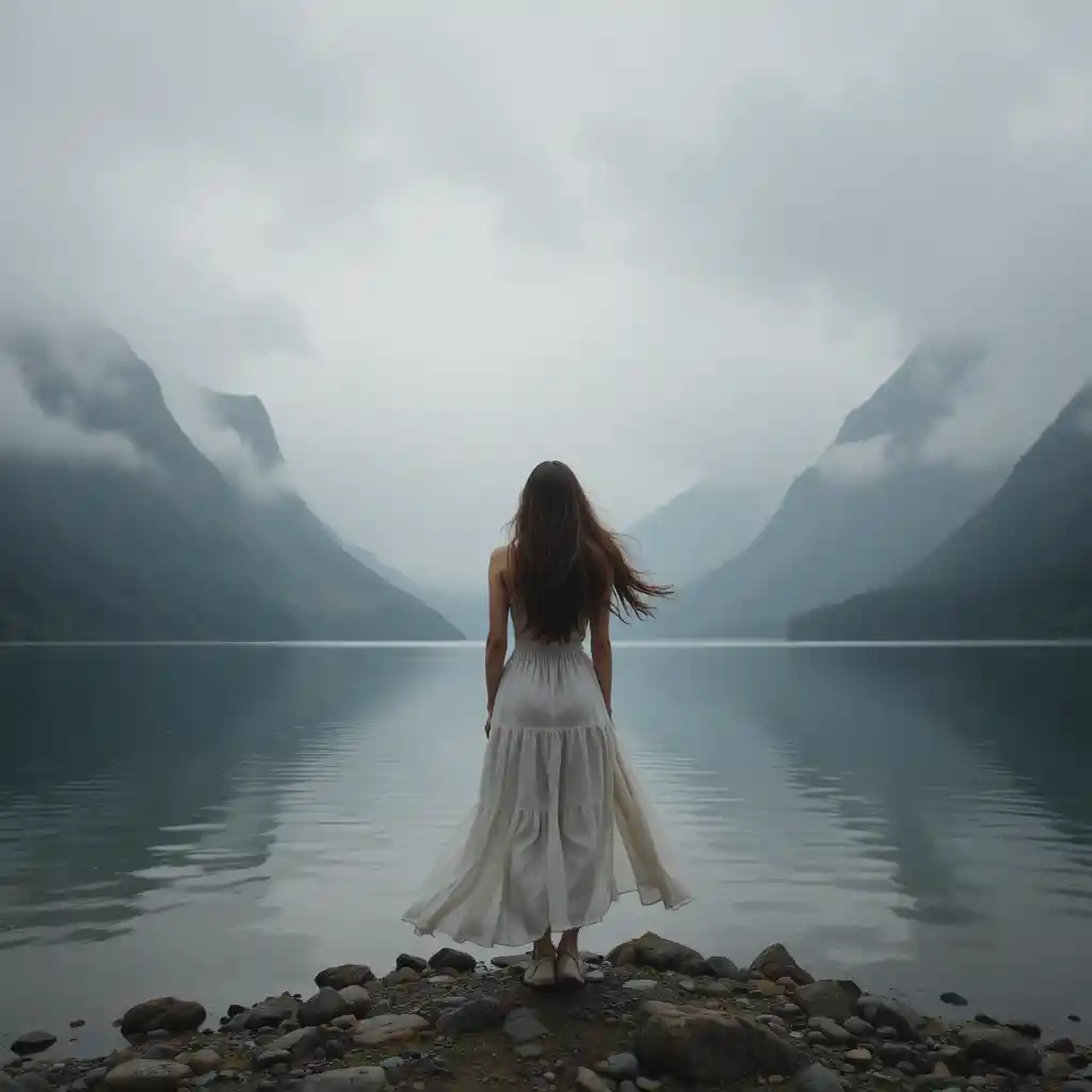 Woman by a misty mountain lake in gentle breeze