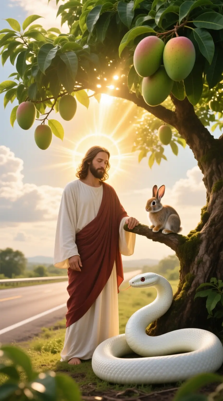 Jesus Standing By Mango Tree With Rabbit And White Snake