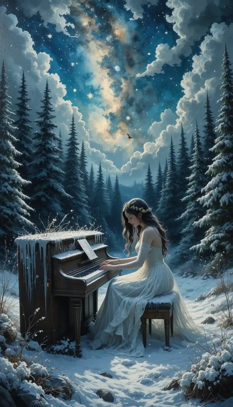 Donna eterea che suona un pianoforte ghiacciato in una foresta invernale