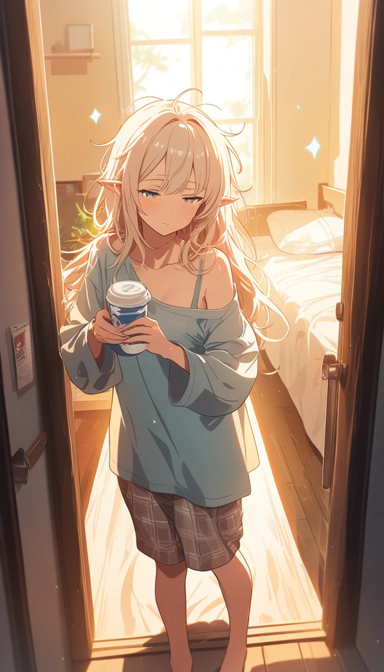 Sleepy anime girl pouring milk in a cozy apartment doorway