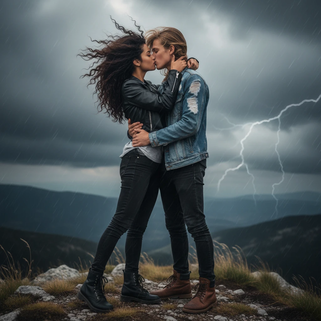 Teenage couple kissing on a stormy mountain top