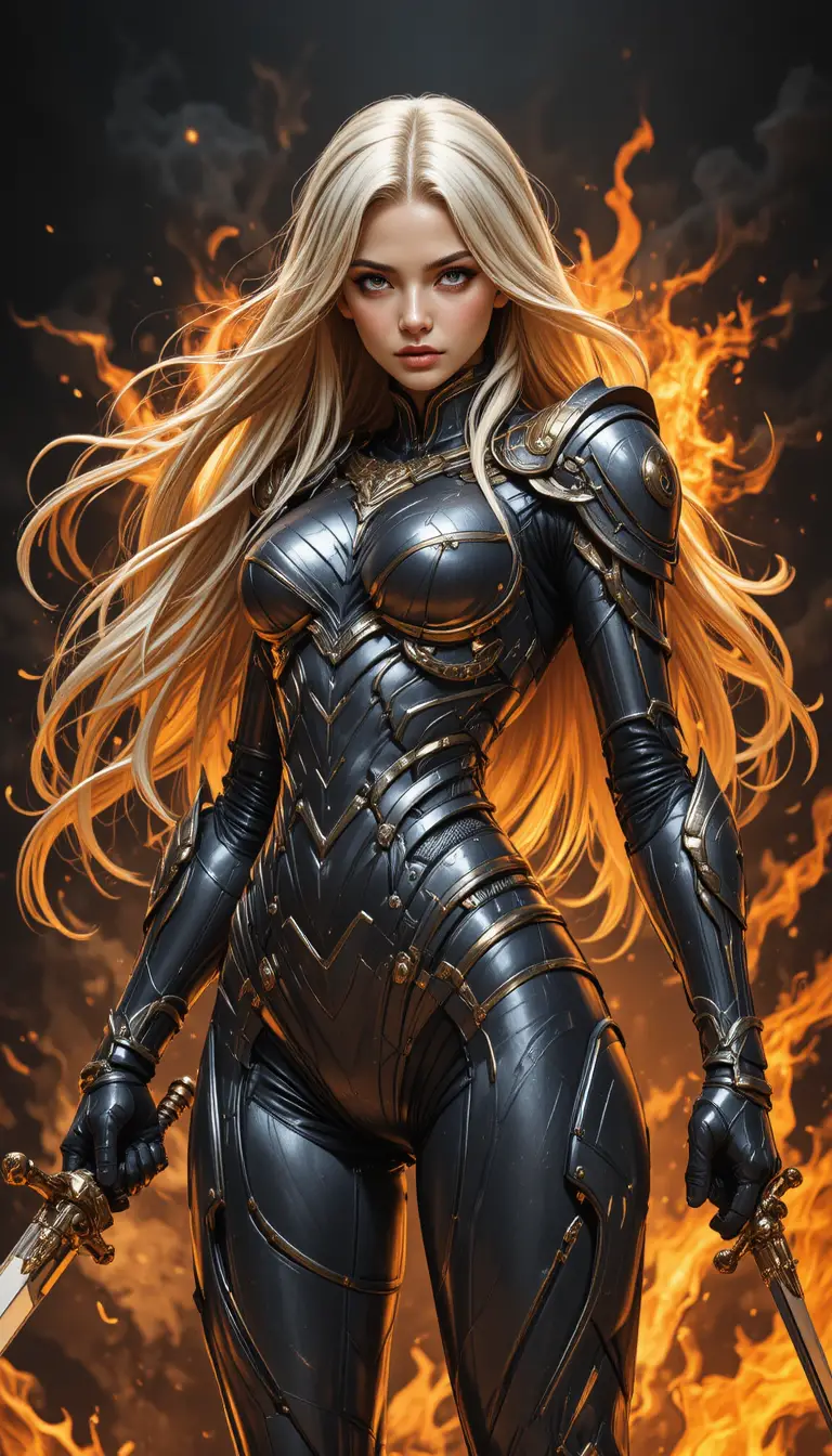 Armored blonde warrior woman with twin swords in flames