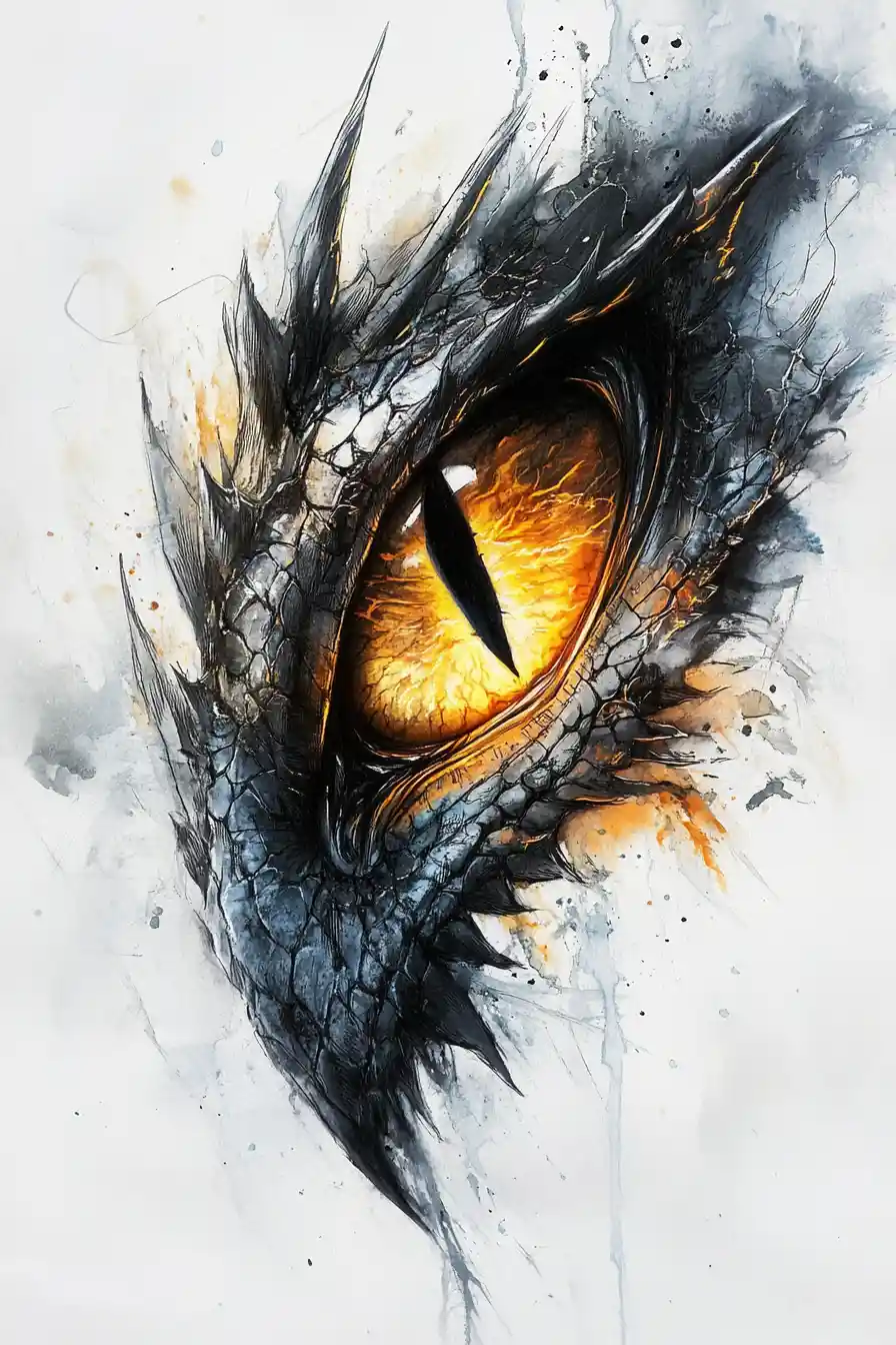 Œil de dragon mystique brillant à l’encre jaune et bleue