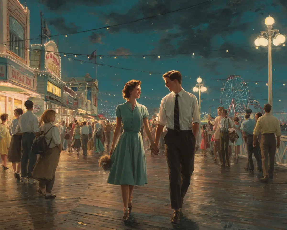 Young couple in love on a 1950s night boardwalk