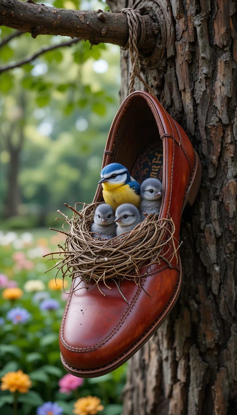 Bunte Vögel nisten in einem hängenden Lederschuh