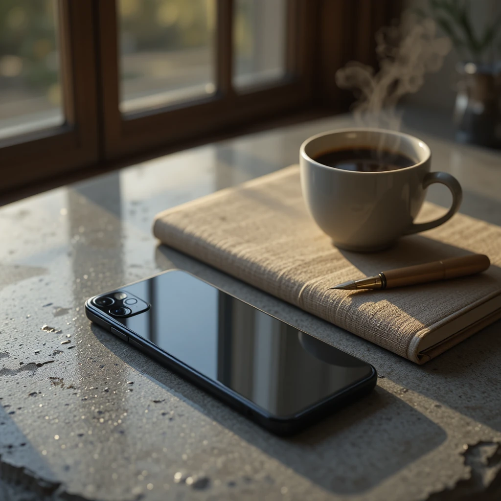 Minimalist flat lay of journal coffee and smartphone on stone table