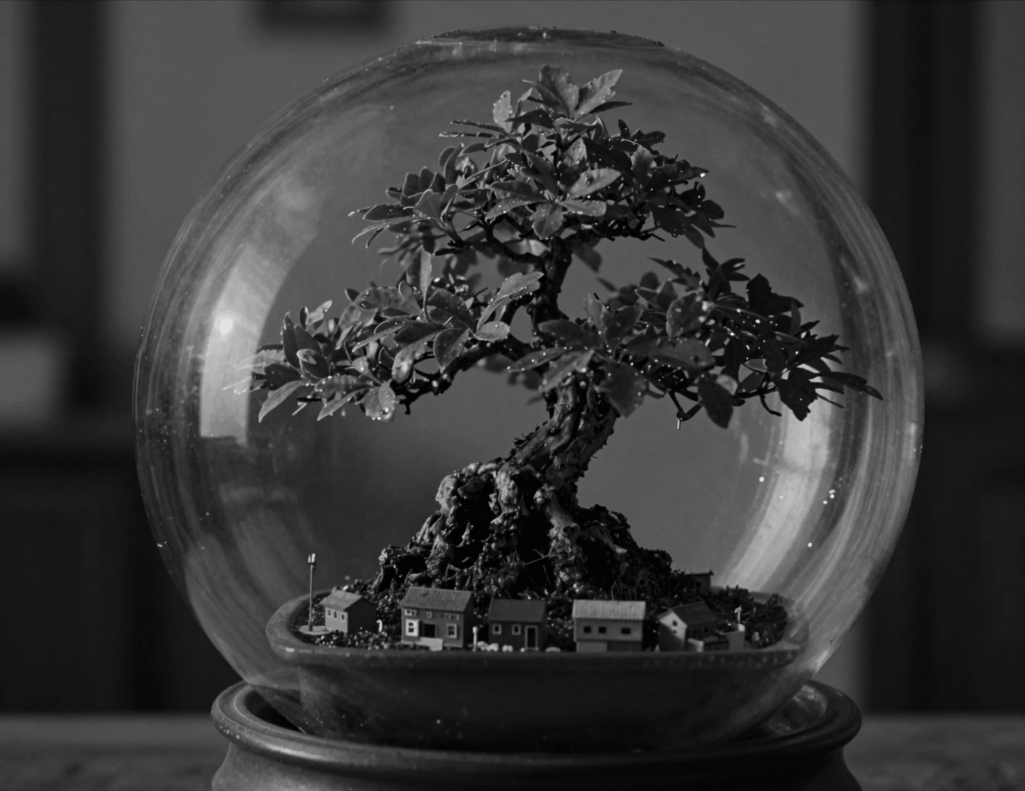 Vista superior de bonsai em esfera de vidro com detalhes de uma pequena vila
