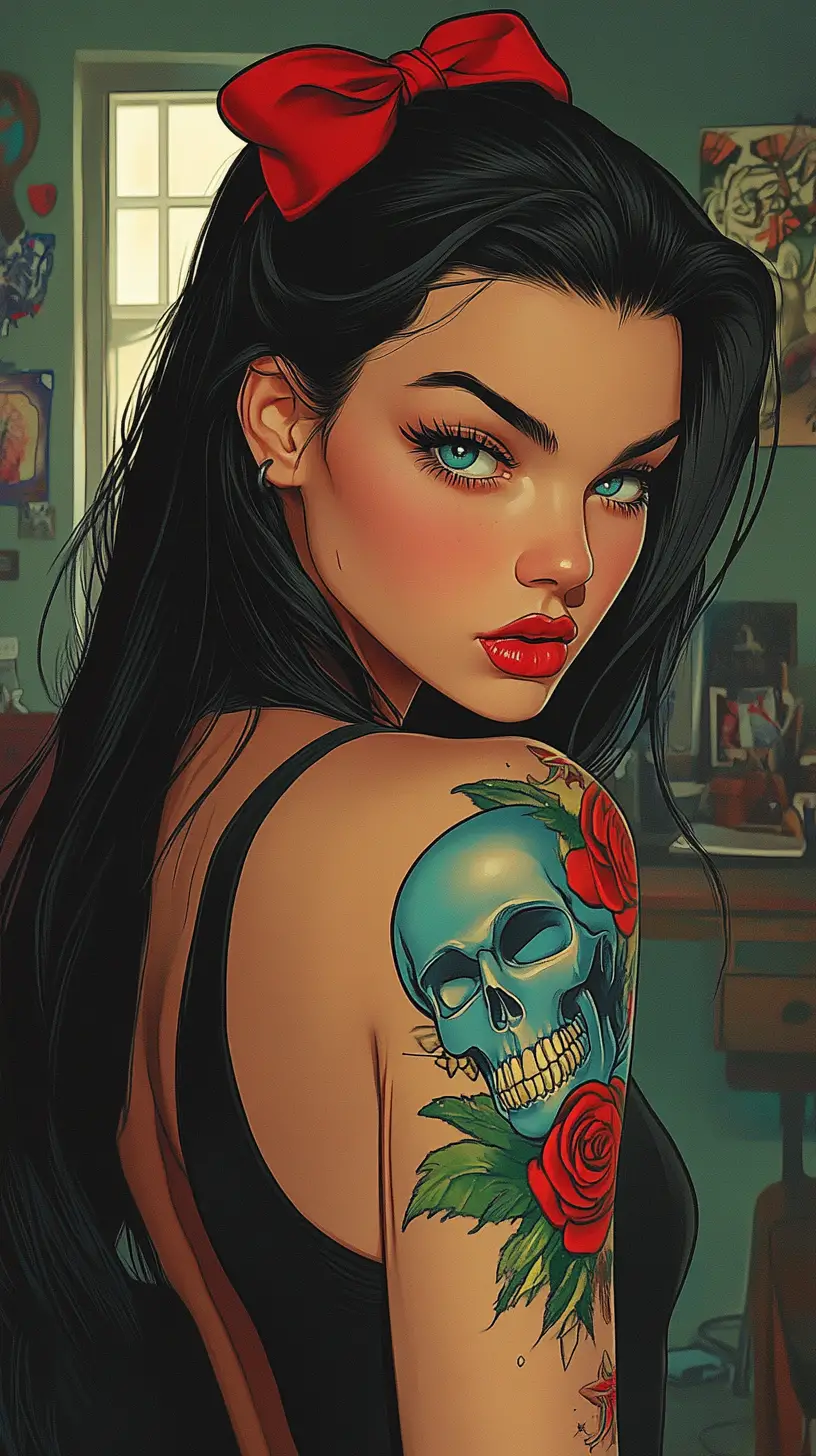 Pop art portrait of tattooed woman in studio close up