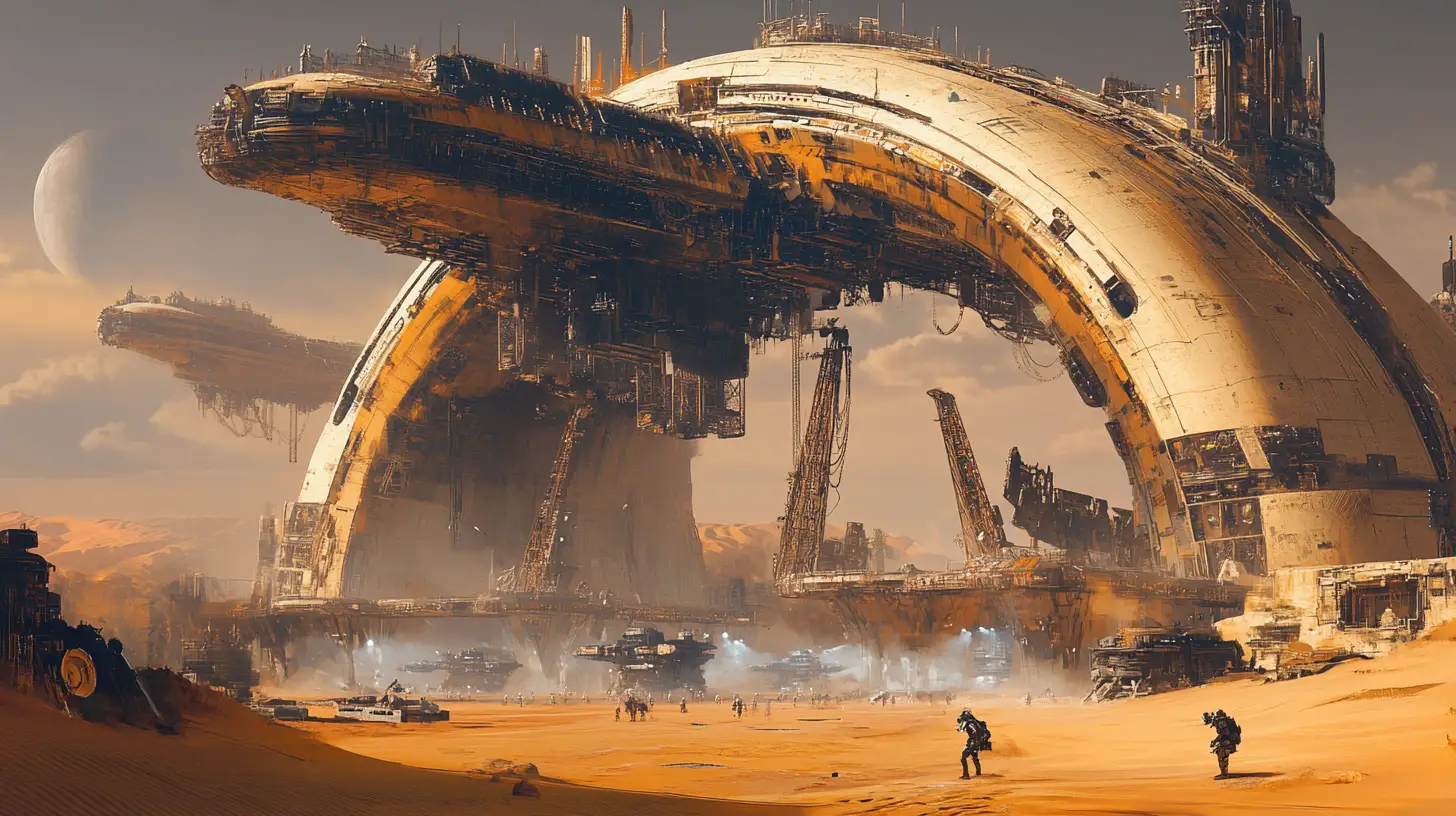 Gigantic spaceships under a futuristic desert refit station arch