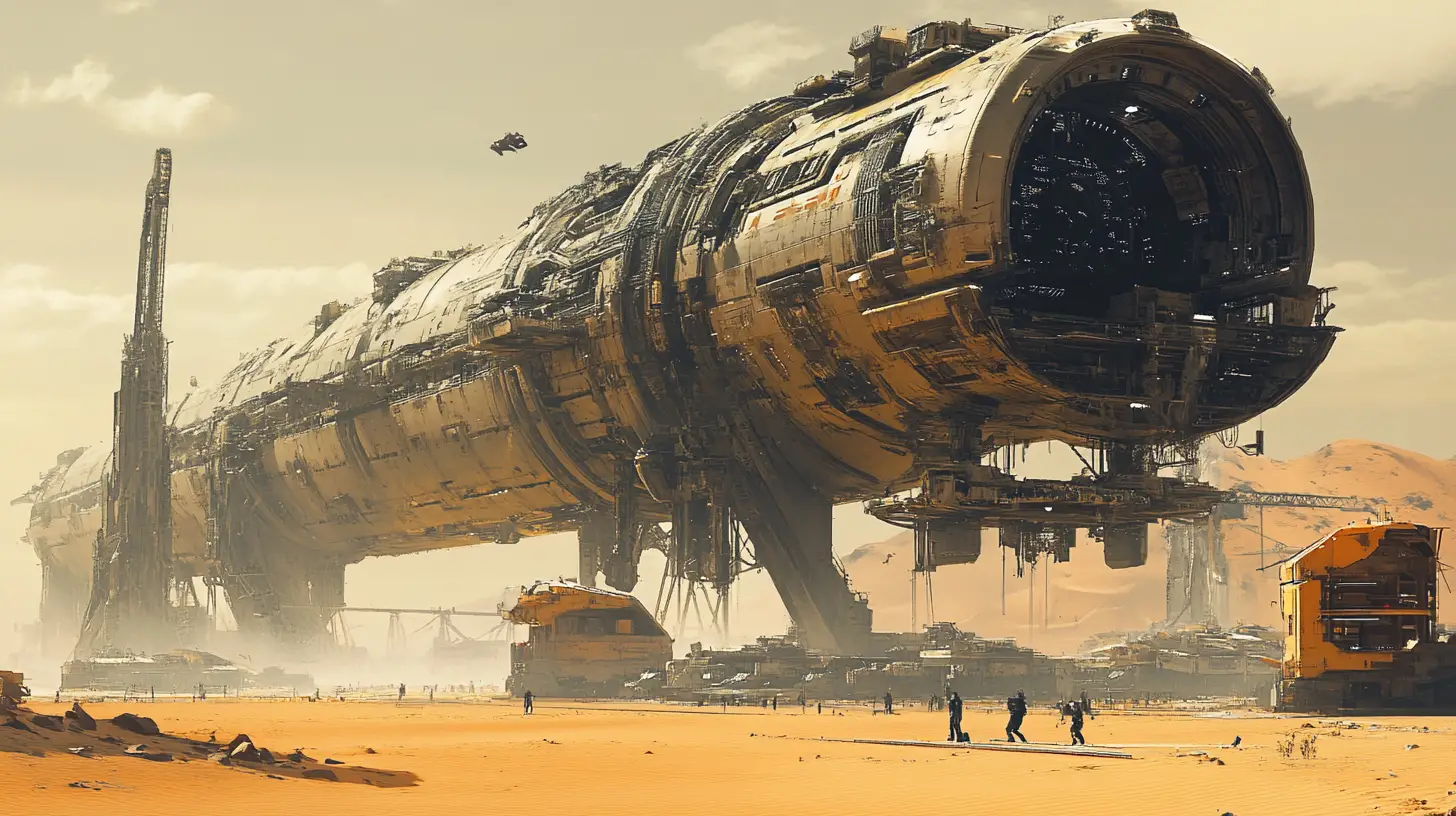 Gigantic spaceships under a desert planet refit station arch