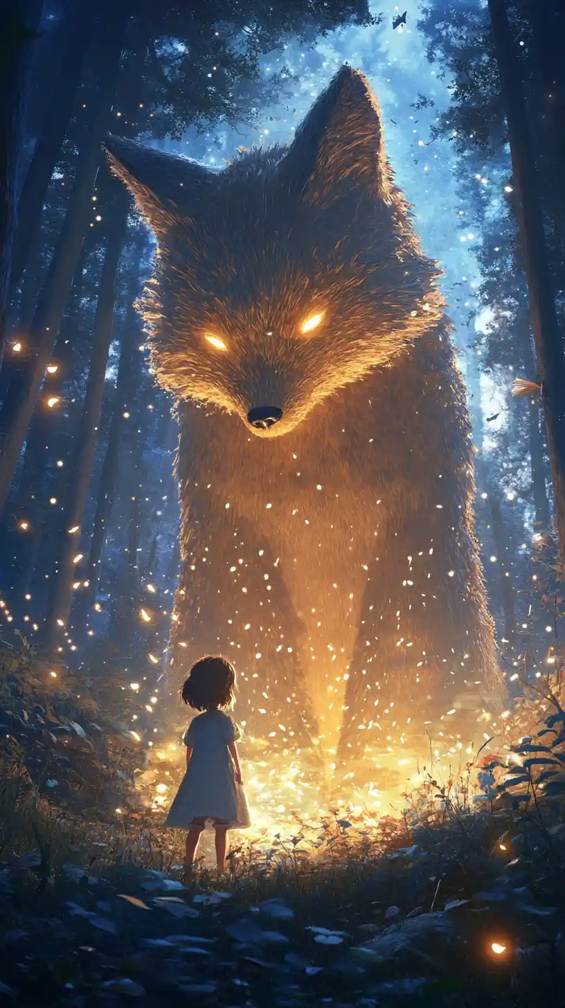 Child Meeting A Giant Glowing Fox In Enchanted Forest