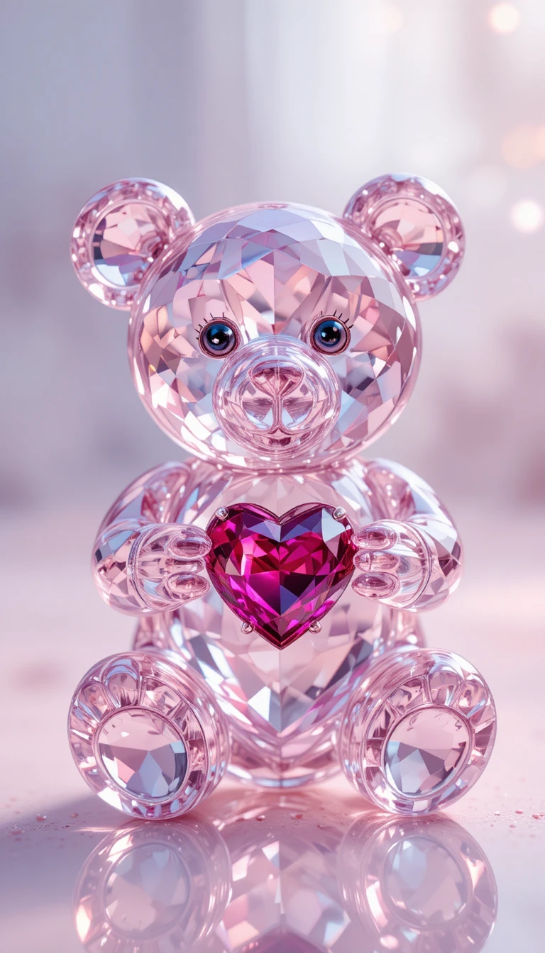 Osito de cristal con gemas rosas y corazón de rubí