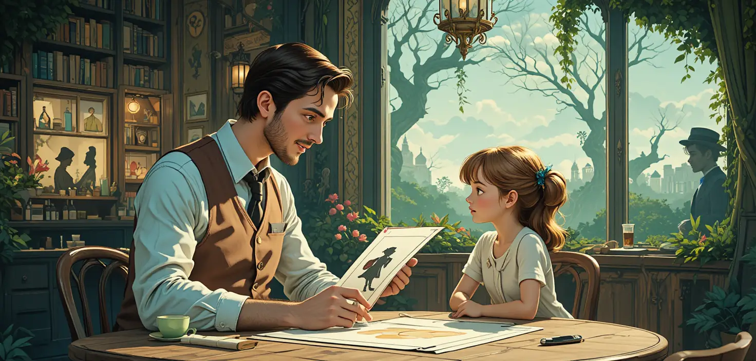 Artist sketching with a young girl in a cozy cafe