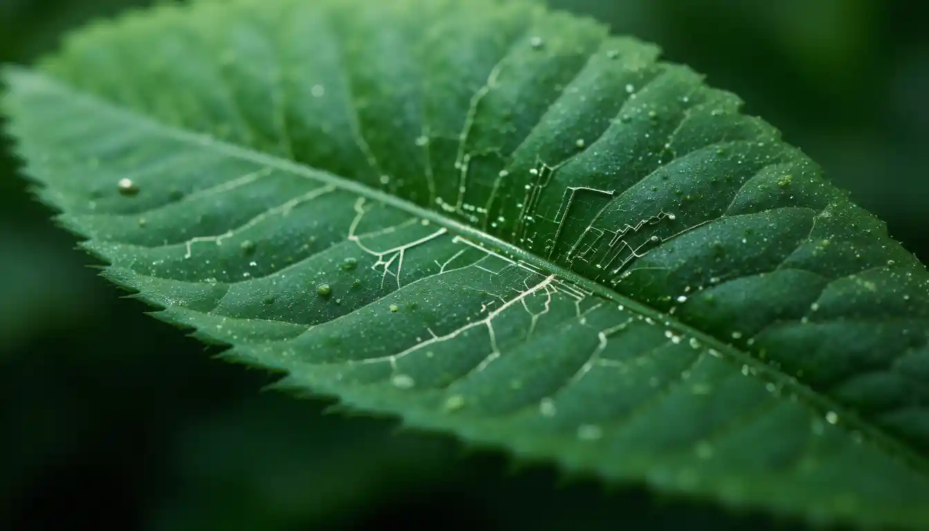 Macro green leaf with subtle circuit board vein pattern