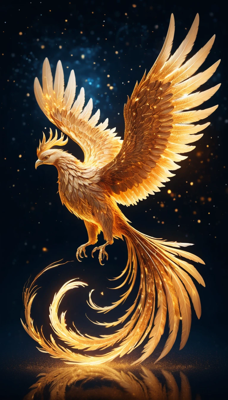 Majestic golden phoenix of light in a winter night sky