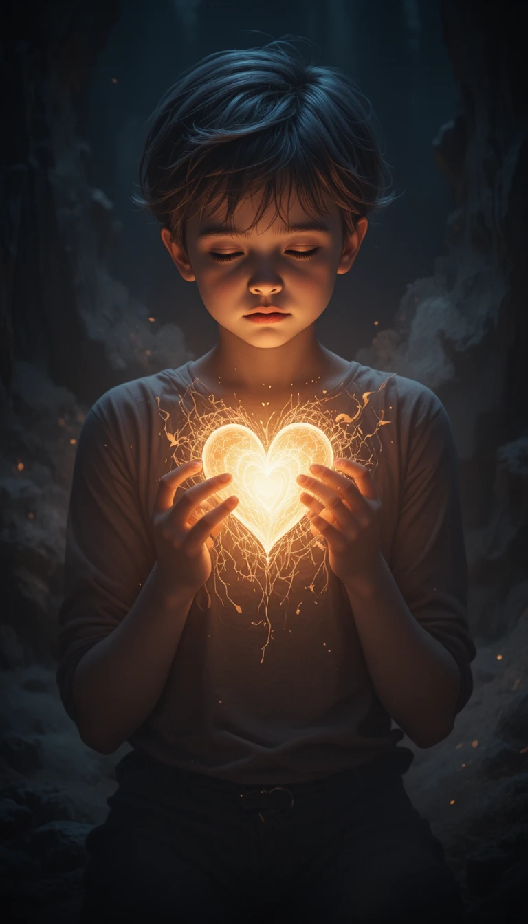Leuchtendes Herzlicht, das ein Kind in der Dunkelheit verwandelt