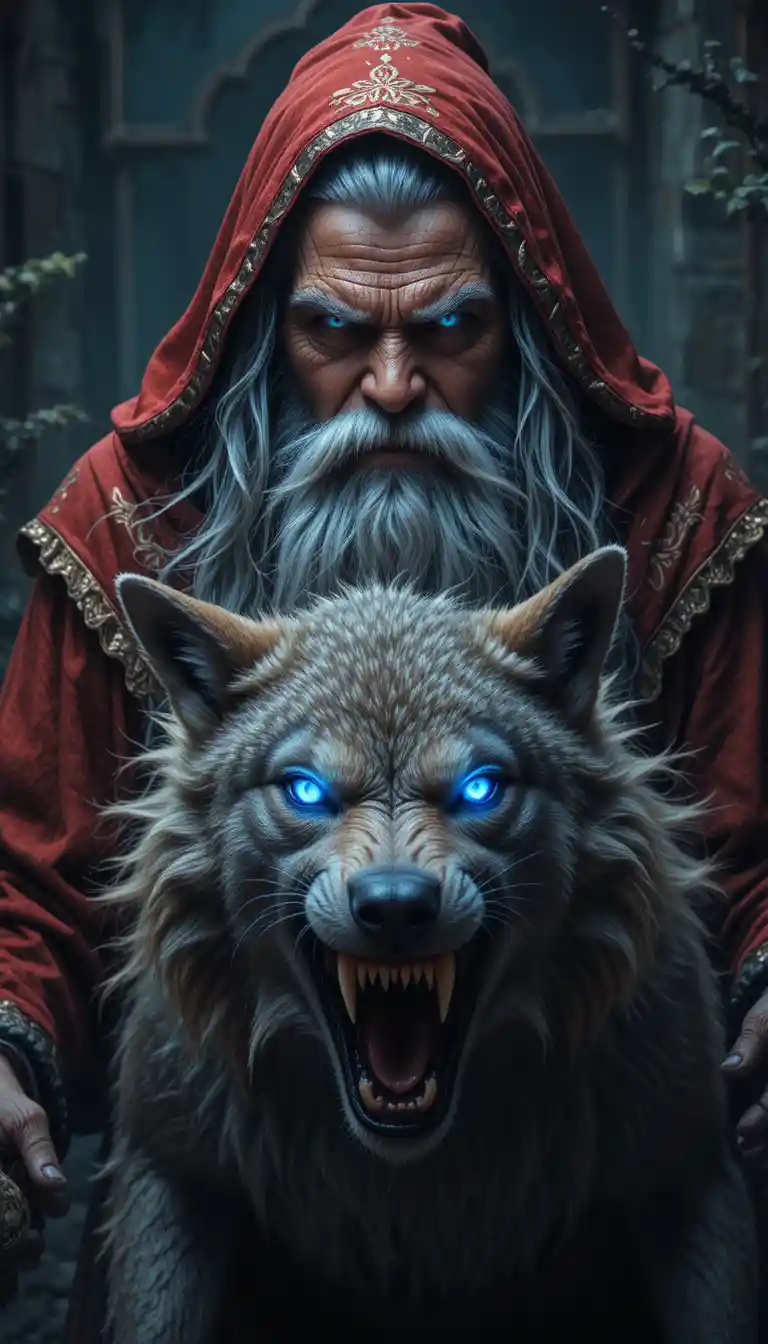 Old wizard in red robe with glowing blue eyes