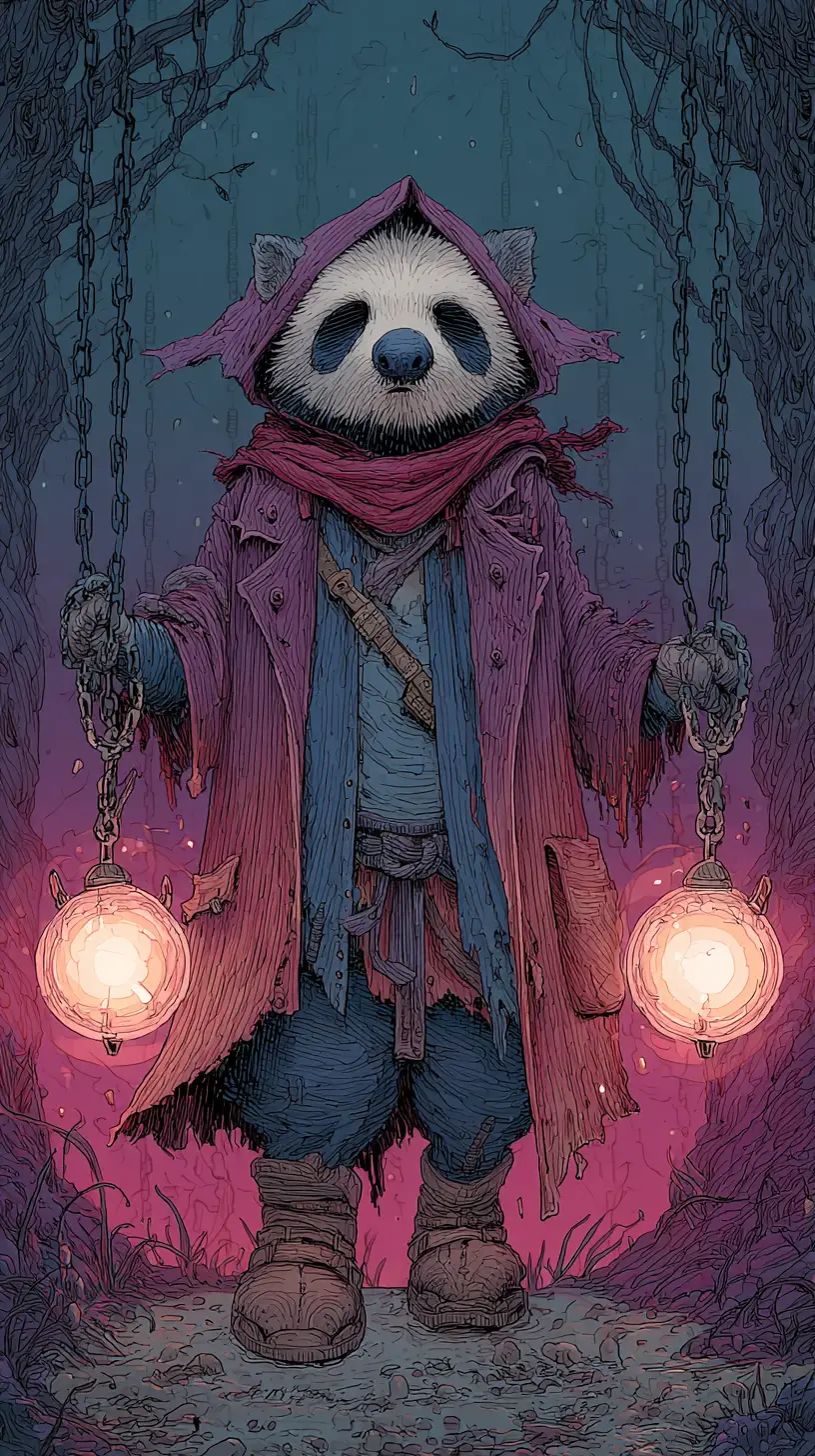 Shrouded creature carrying glowing lanterns in a dark forest