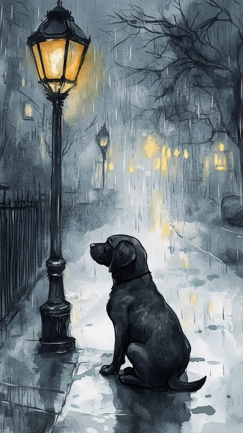 雨夜轉角路燈下的黑色小狗