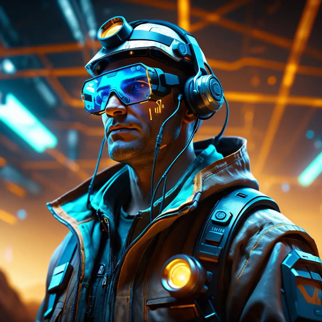 Cyberpunk miner with AR headset in futuristic mine