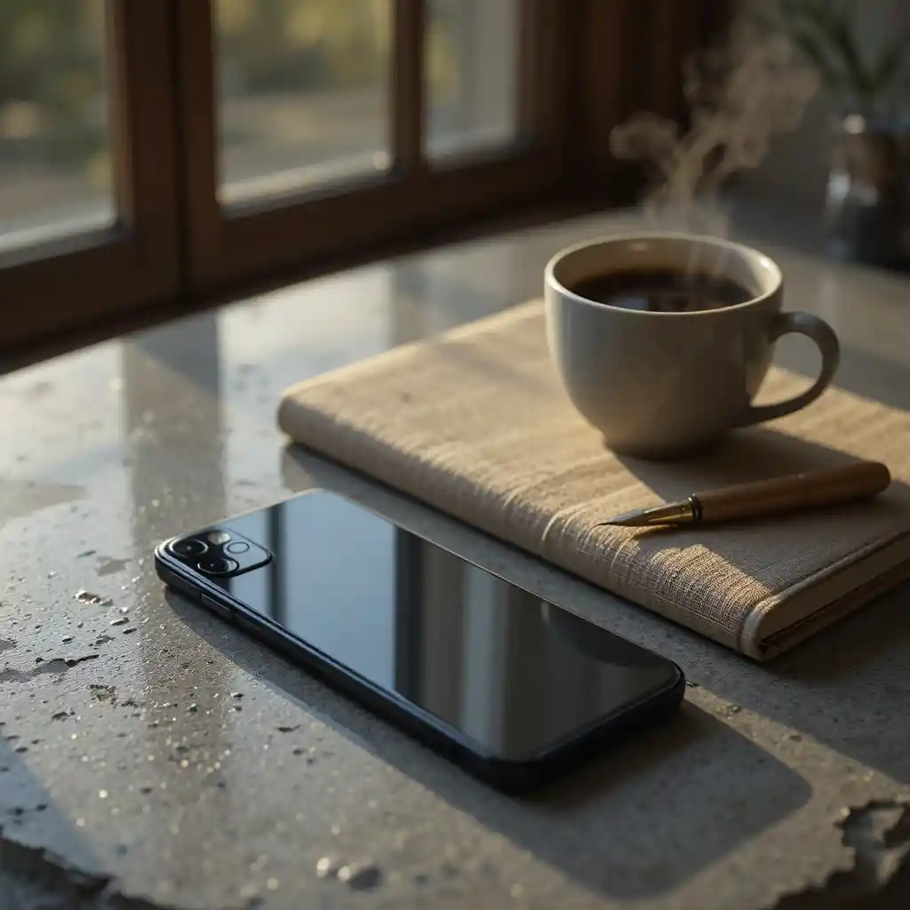 Flat lay minimalista con diario, caffè e smartphone su tavolo in pietra