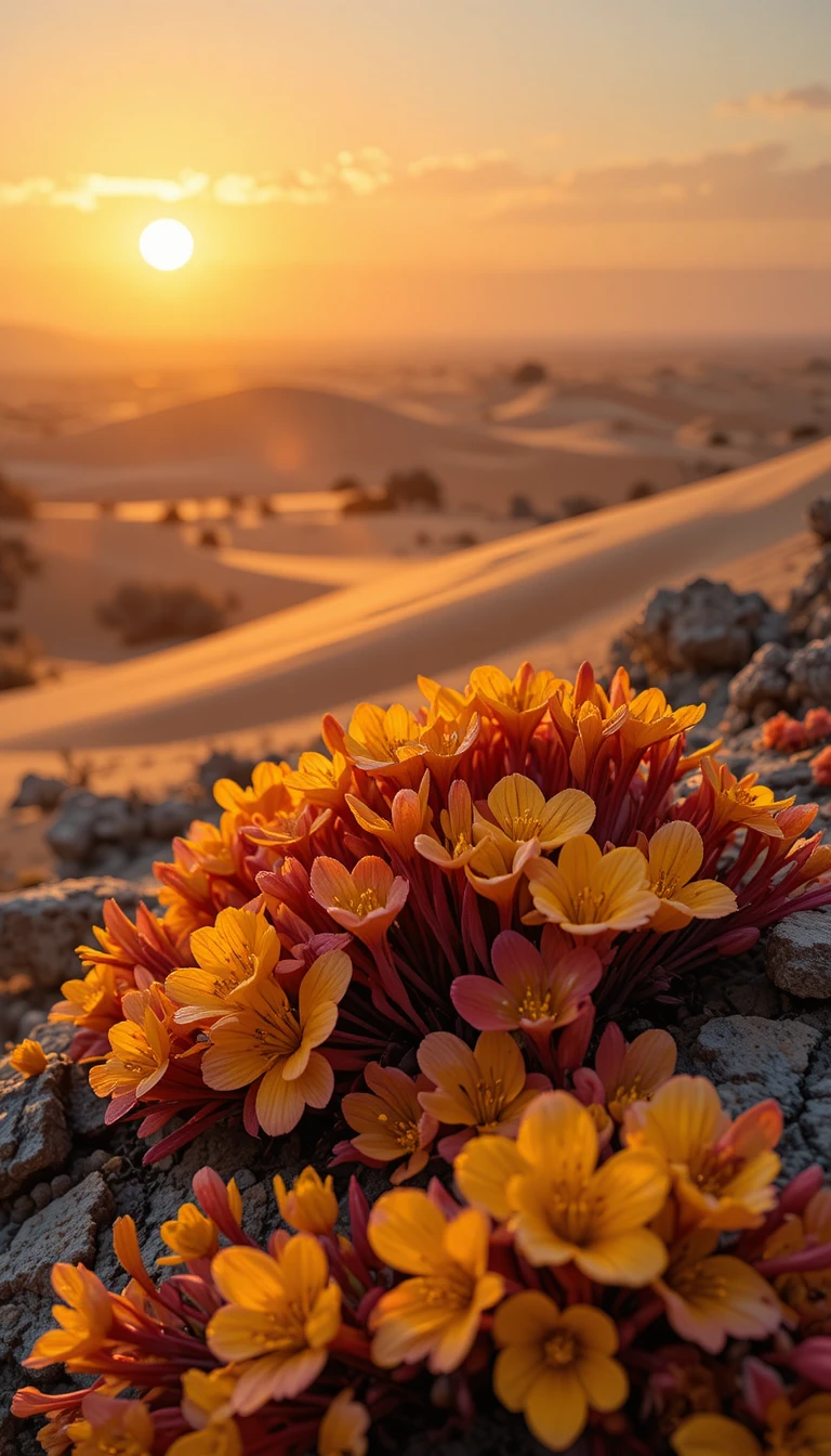 暖かな黄金の夕陽に輝く砂漠の花々