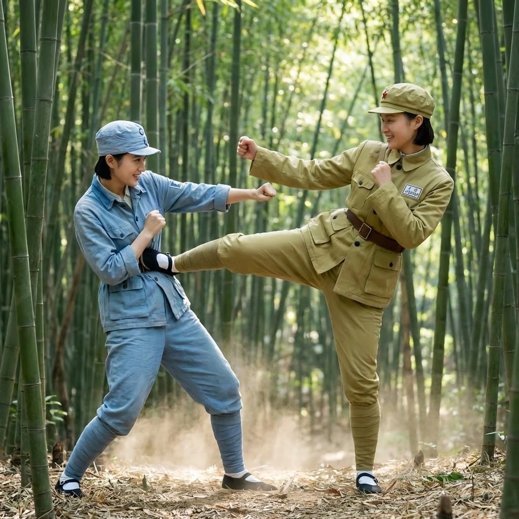 Sœurs chinoises en uniforme militaire s’entraînant dans une forêt de bambous