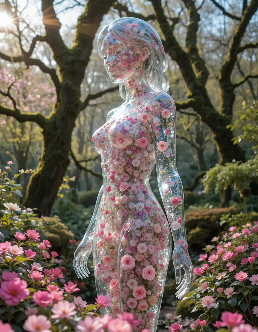 Glass female figure filled with flowers in a garden