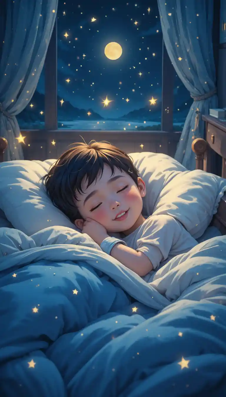 Bambino sorridente che dorme serenamente sotto una soffice luce stellare