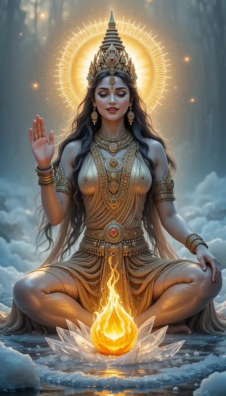 La déesse Parvati brisant la glace avec un doux rayonnement doré