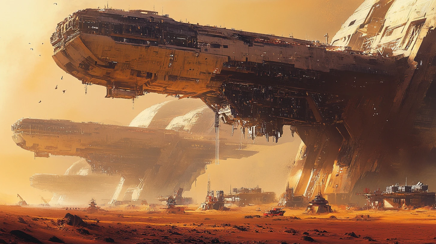 Gigantic spaceships under a massive desert refit station arch