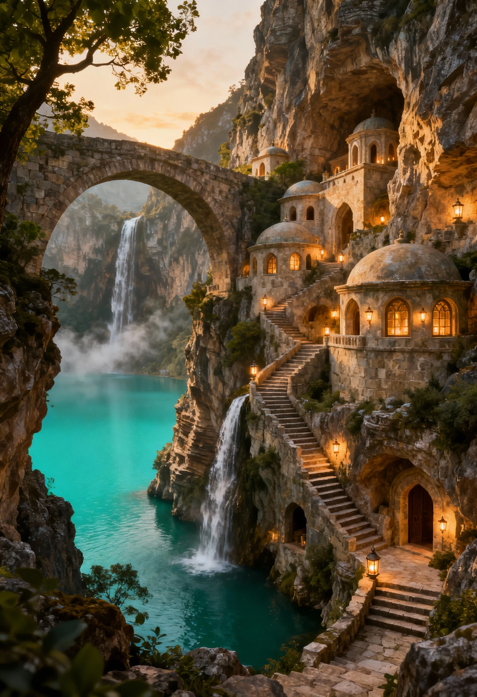 Cliffside sanctuary above a turquoise lake at golden hour