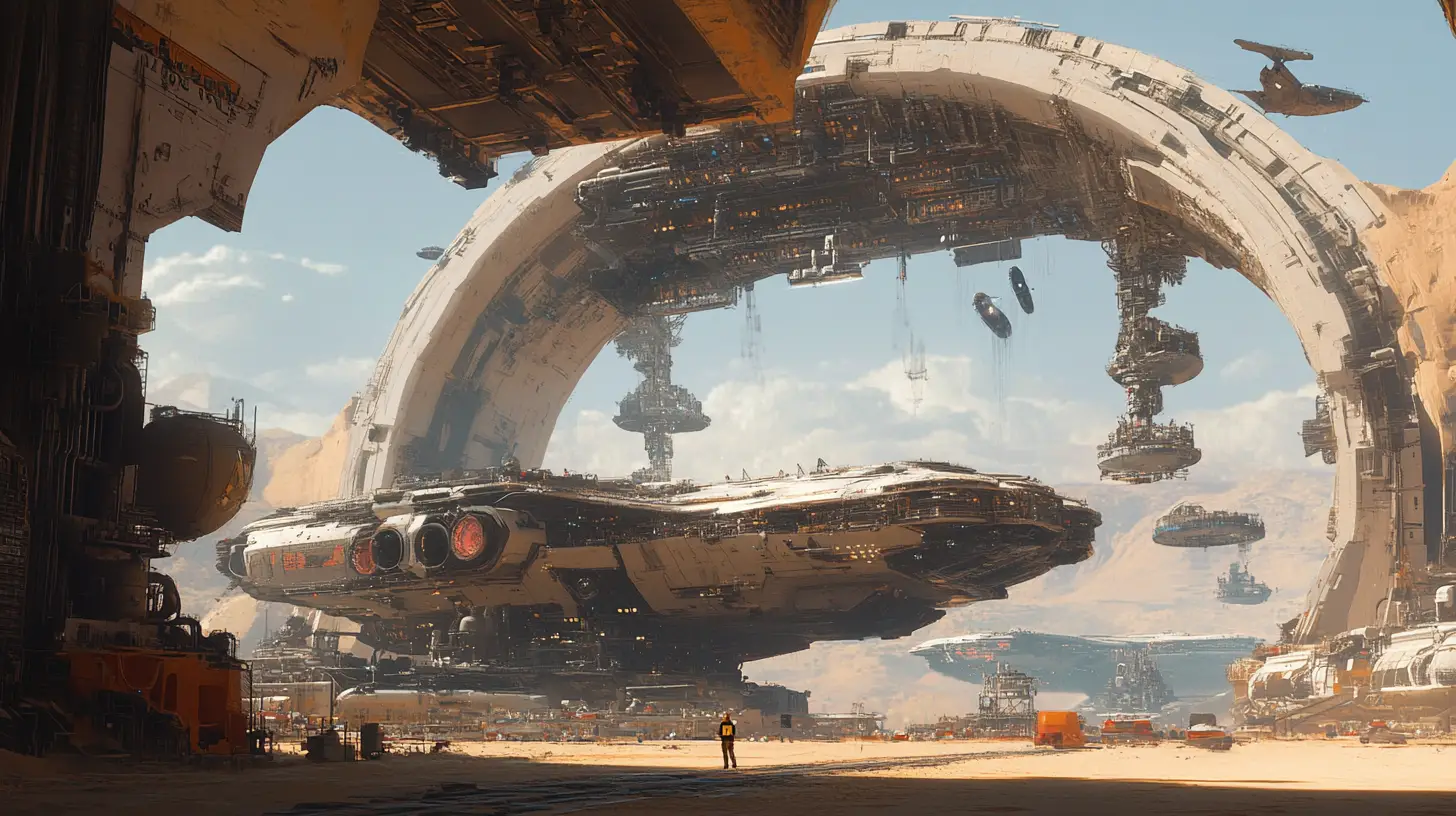 Gigantic spaceships docked at a desert refit station
