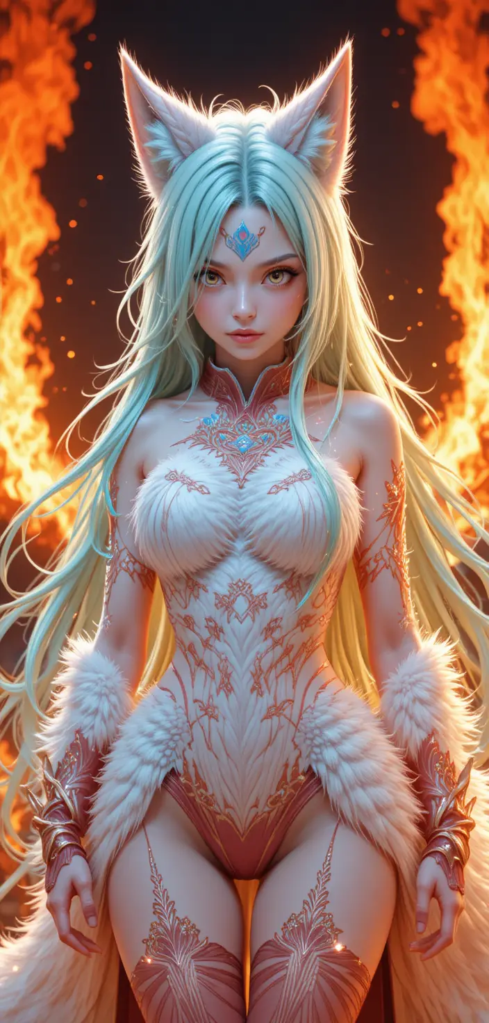 Anime warrior woman with flaming runes and furred limbs