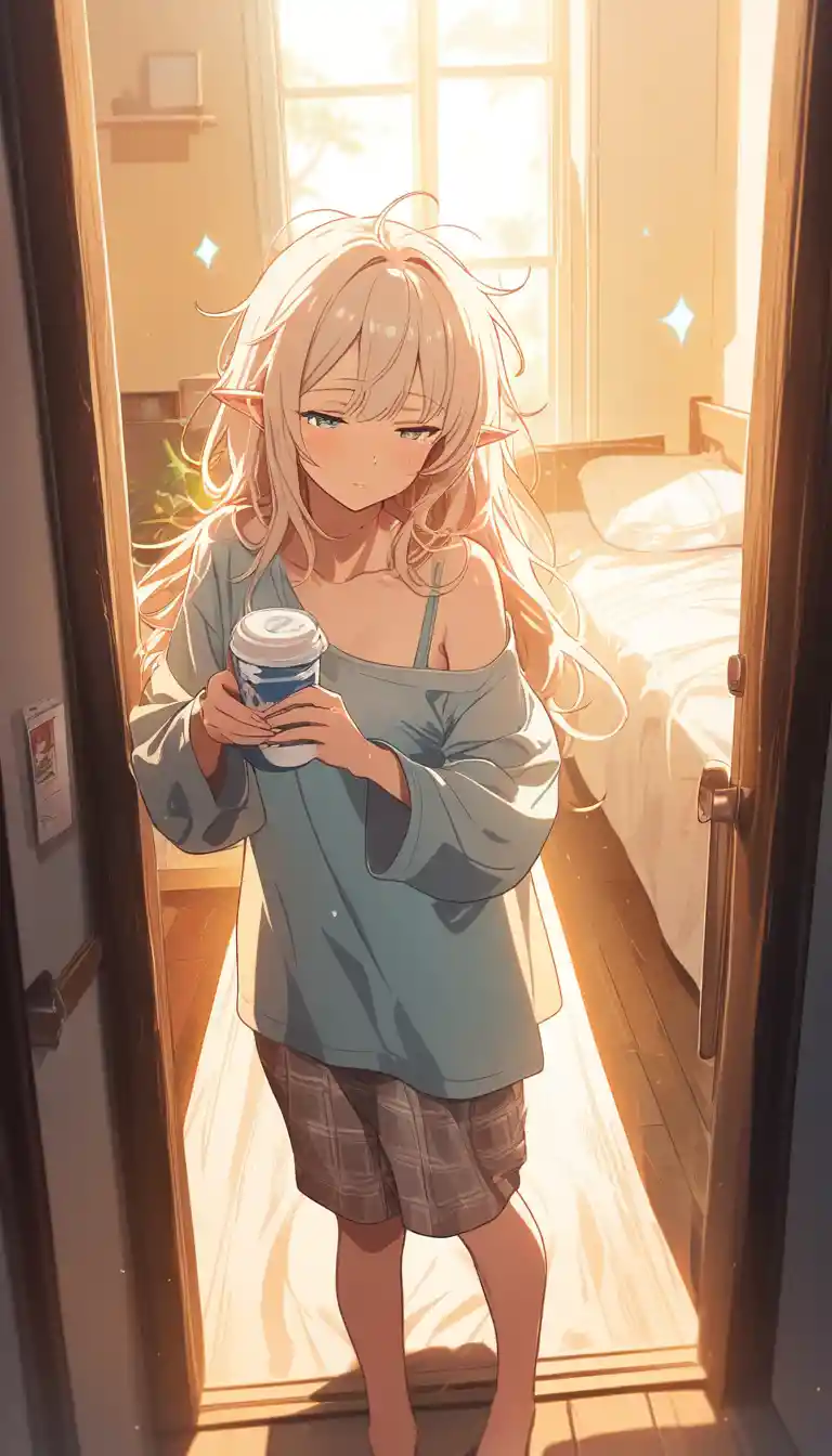 Sleepy anime girl pouring milk in a cozy apartment doorway