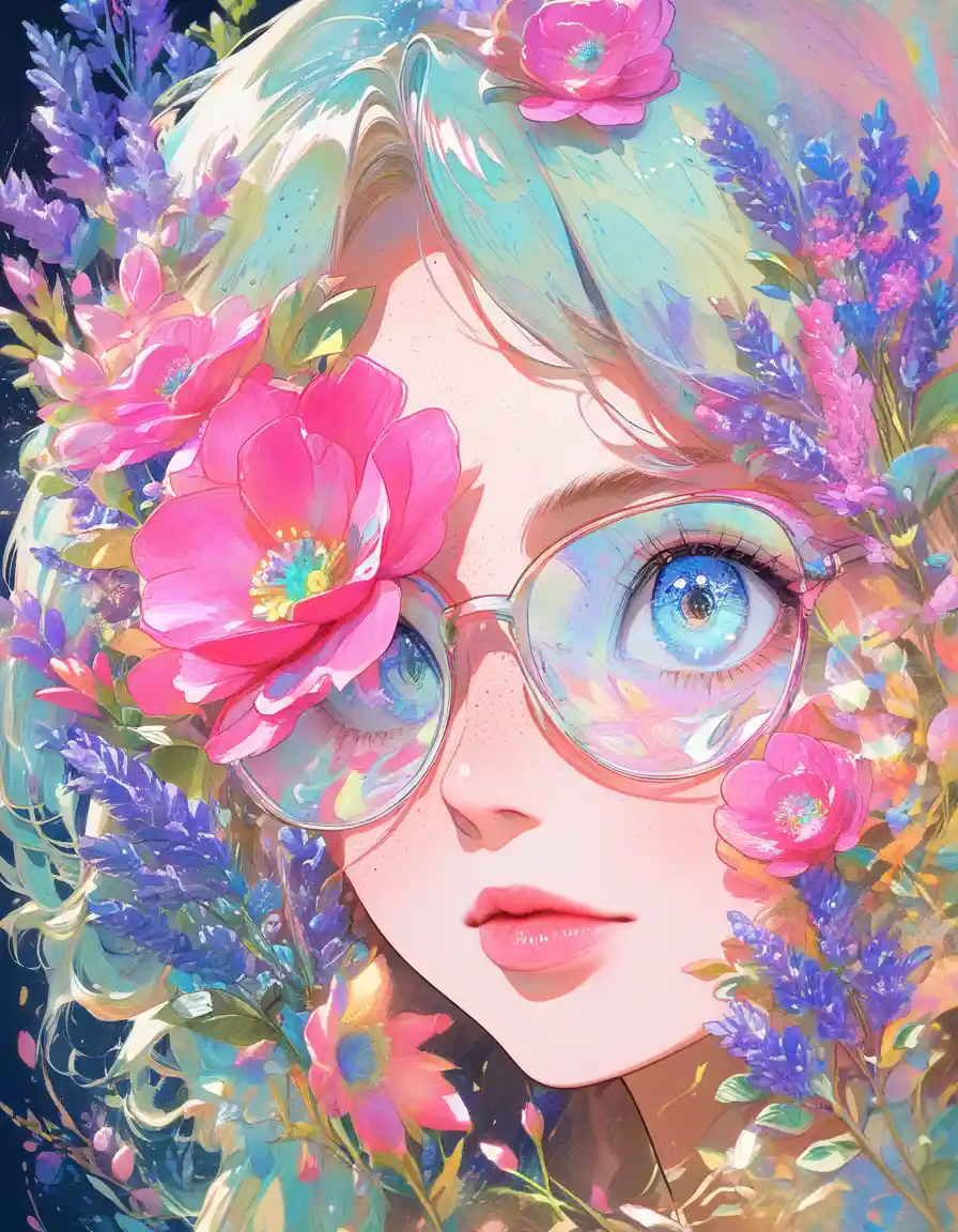 Anime-Mädchen Nahaufnahme mit pastellfarbenen Brillen und Blumen
