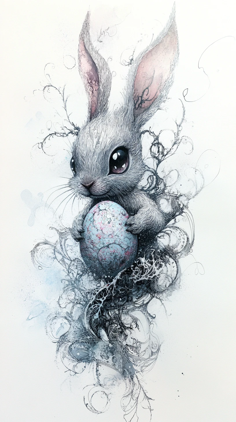 Dreamlike watercolor rabbit with Easter egg on white