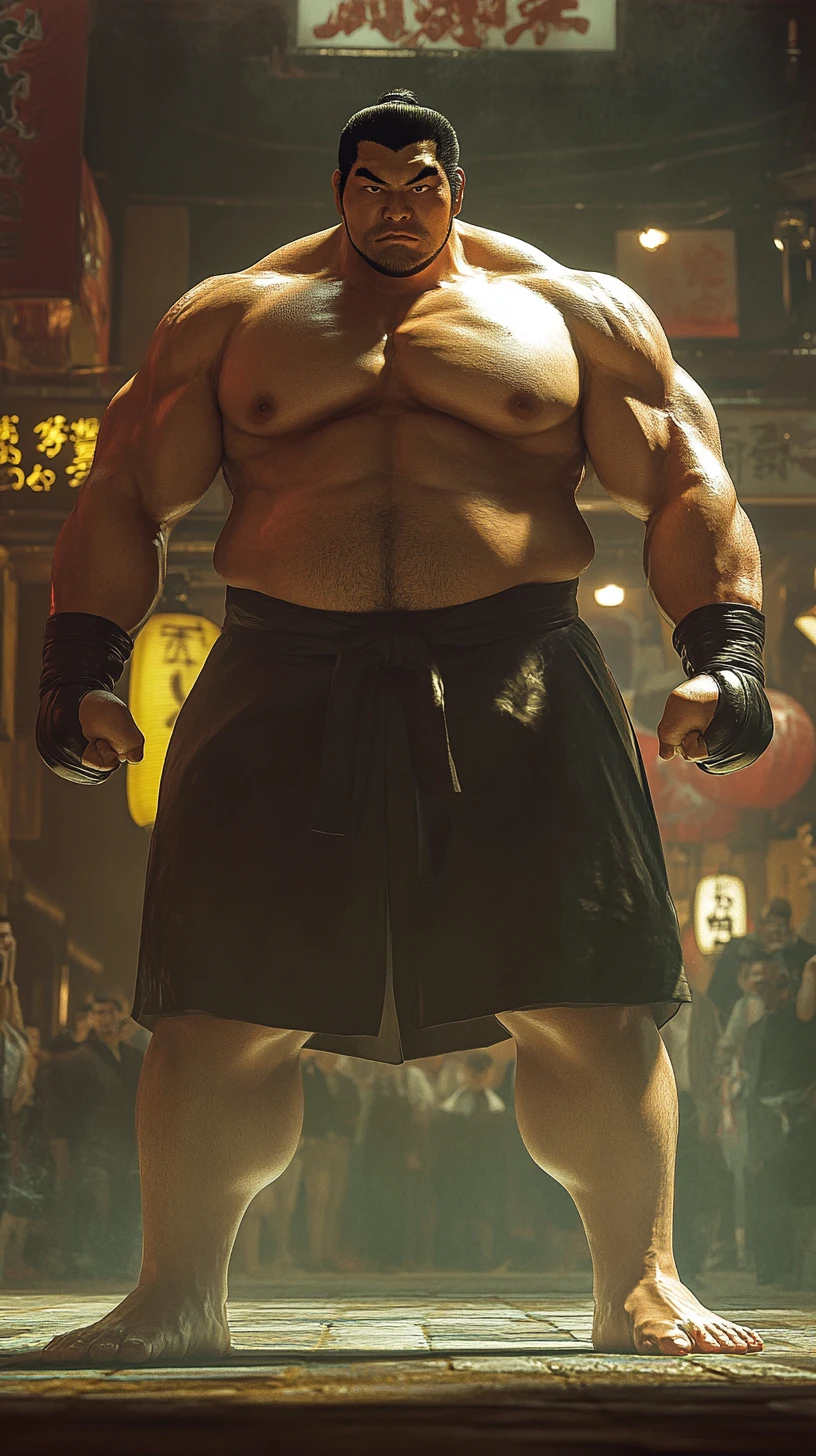 Powerful sumo wrestler in anime street fighting stance