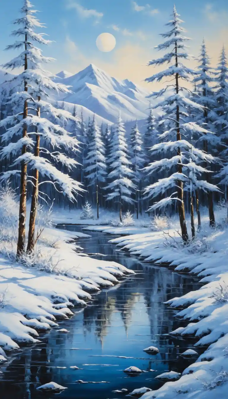 Serena pittura acrilica di un vivace paesaggio invernale