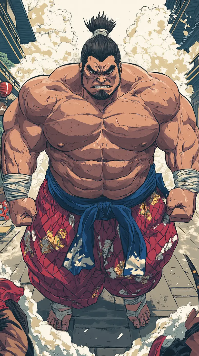 Powerful anime sumo wrestler in dynamic fighting stance