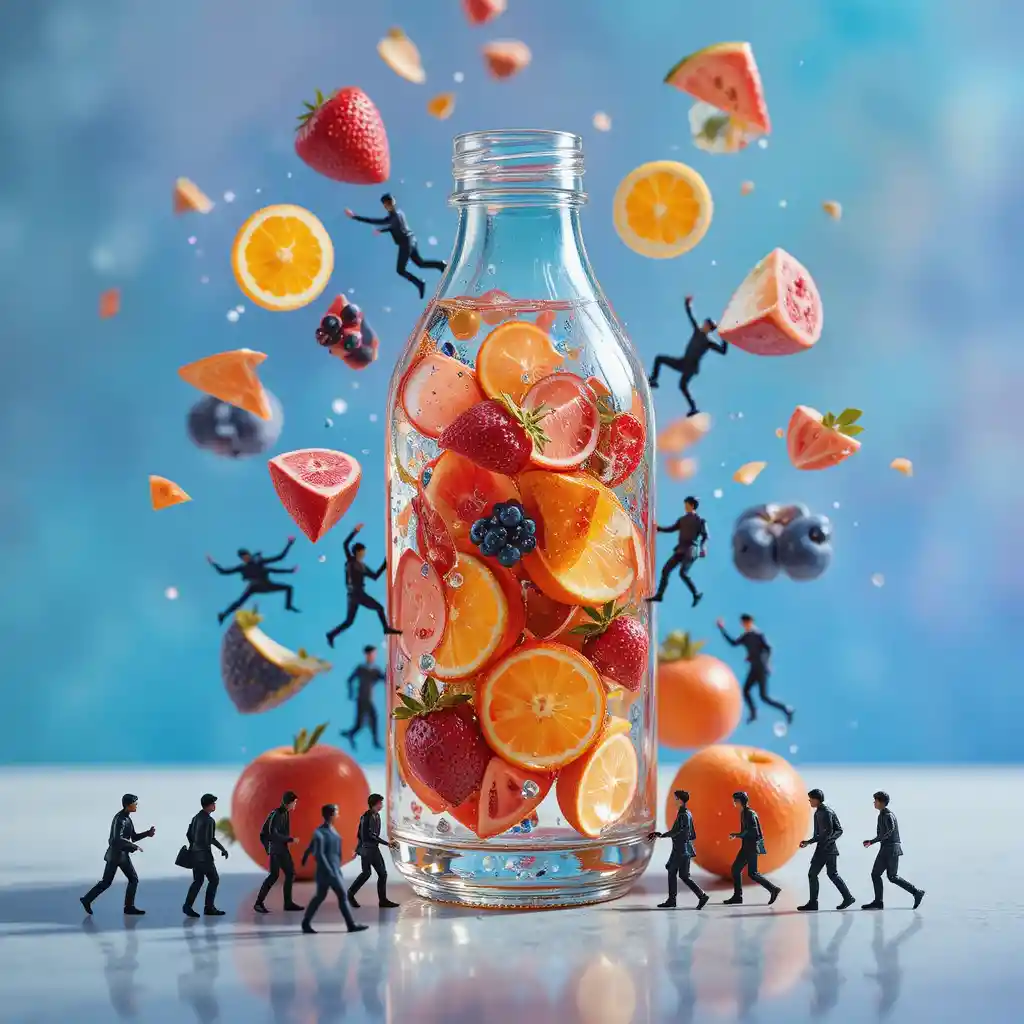 Bottiglia di vetro con minuscole figure e fette di frutta volanti
