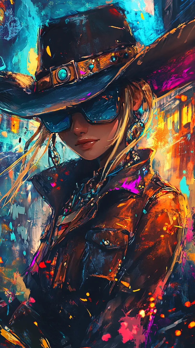Anime cowgirl close up in a rustic western town street
