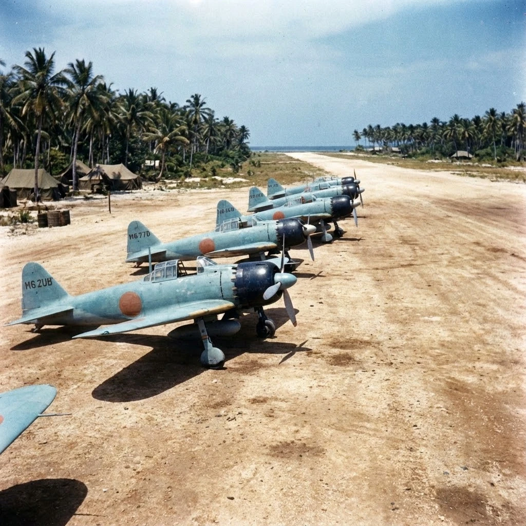 二戰太平洋戰場藍色晨空中的 A6M 零式戰機