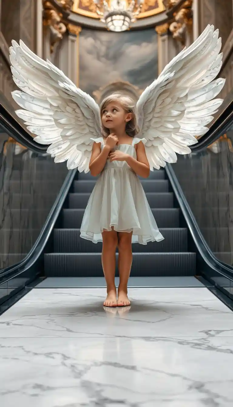 Angel girl on an escalator in a grand baroque hall