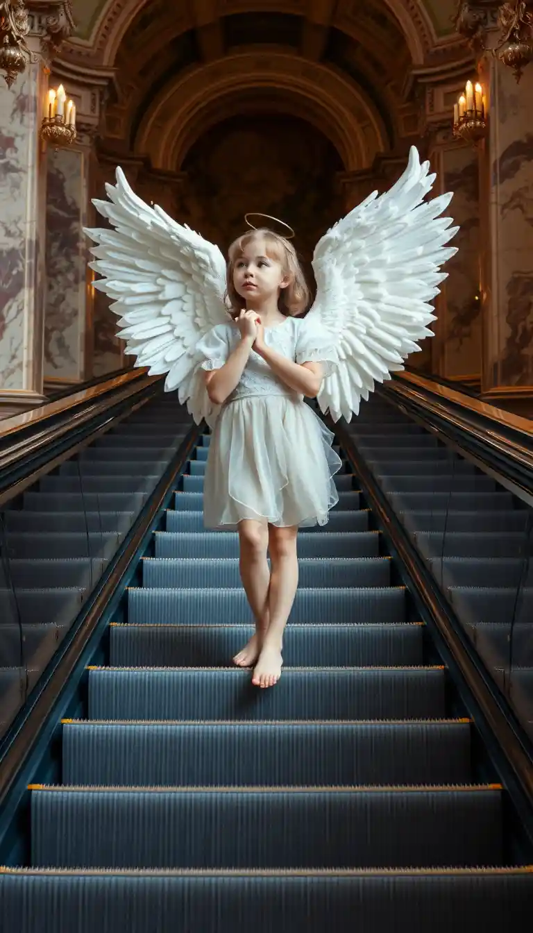 Angel girl standing barefoot on an escalator in marble hall