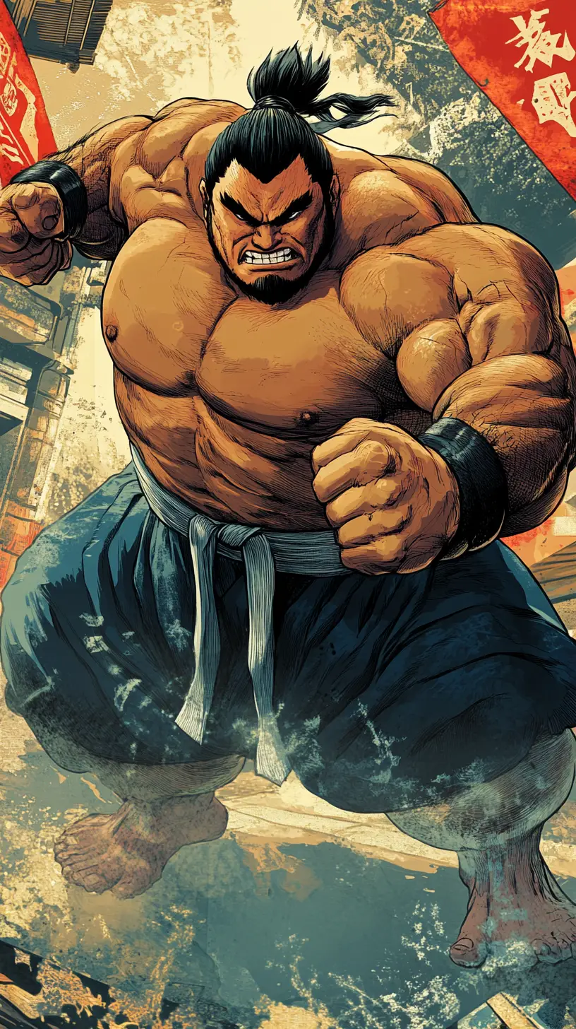 Powerful anime sumo wrestler in classic fighting stance