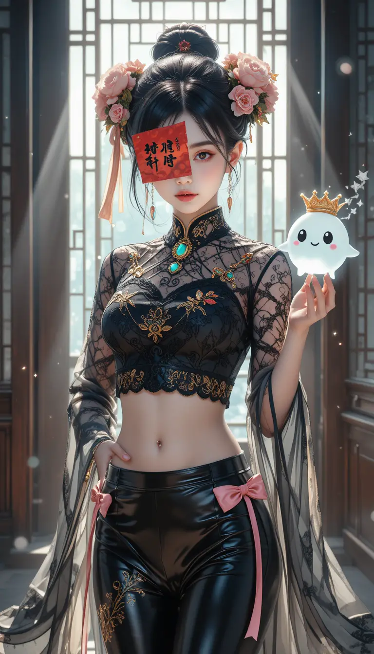 Jiangshi inspired anime girl with glowing ghost companions